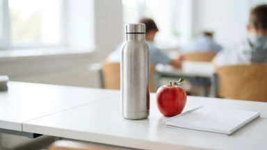 reusable water bottle and red apple sitting on school desk
