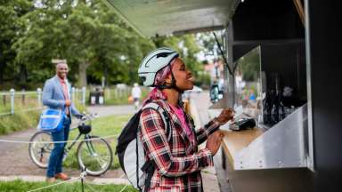 Person ordering food at a food truck
