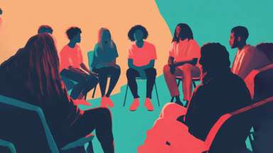 a colorful illustration of people in chairs talking