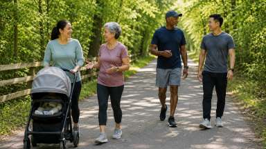 a group of people walking on the greenway trail