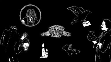 Black and white illustration of spooky figures