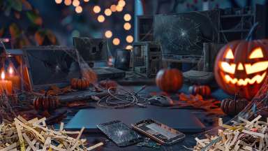 Electronics broken and dead withe spiderwebs and pumpkins sitting nearby.