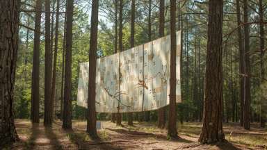 A piece of fabric is hanging among pine trees.