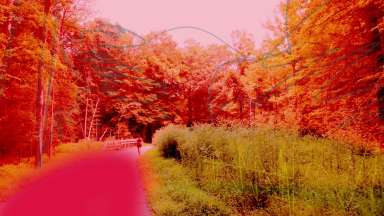 A photograph of a hyper pink and gold colored landscape with a person on a path located in the center.