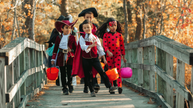 Kids in costumes walking