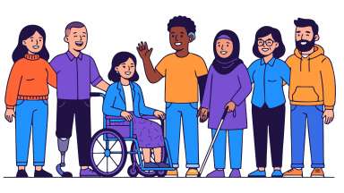 A diverse group of seven people standing together, including individuals with a prosthetic leg, a wheelchair, and a white cane.