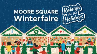 an illustration people at a vendor market with the words Moore Square Winterfare and Raleigh for the Holidays
