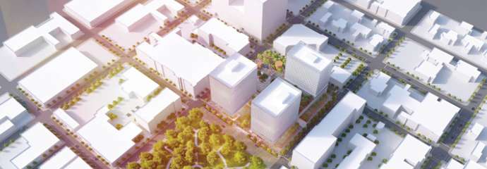 A  aerial view of the rendering for civic campus that shows three towers near Nash Square Park