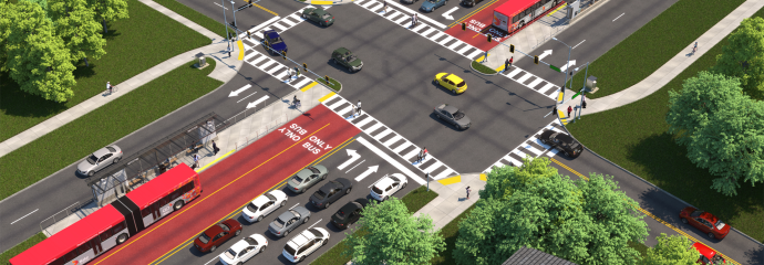 Artwork showing a dedicated bus lane in the median
