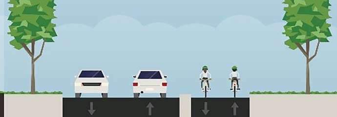 rendering of a multi use path on a typical two-way street.