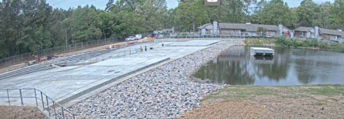 A webcam view of the new concrete dam structure at the lake on Brockton Drive