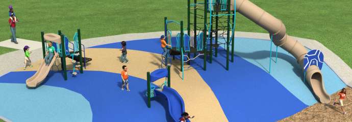 image of playground with 3 slides and various other equipment