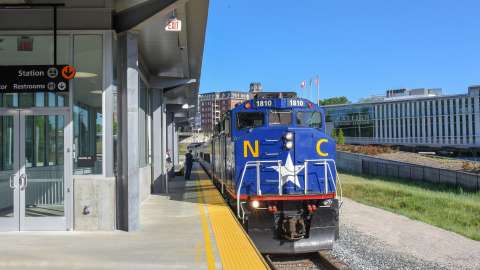 train at the platform at Raleigh Union Station