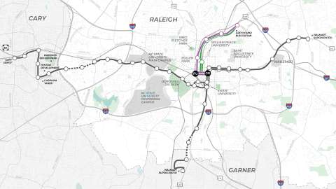 Map of Raleigh indicating corridor selections for New Bern, Western, Southern as well as Northern corridor options