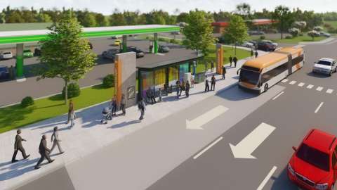 Render of the Bus Rapid Transit project showing a bus approaching a station with people waiting