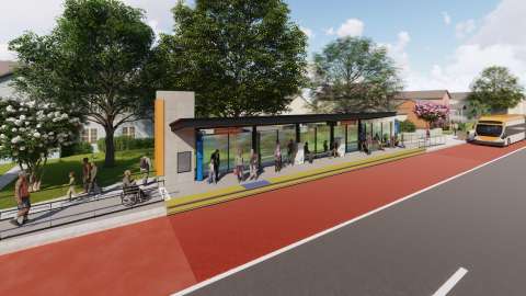 Render of the Bus Rapid Transit project showing a bus in a dedicated bus lane approaching a station