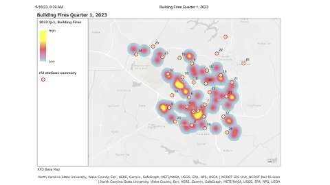 Map displays all the building fires in the City of Raleigh during quarter 1 of 2023