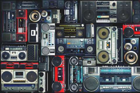 Vintage wall full of radio boombox of the 80s