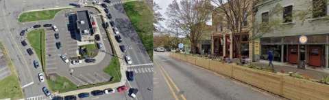 These images show two different forms of a typical coffee shop or restaurant. The image on the left shows a typical drive-thru line, which occupies much of the area around the building and sometimes can back up onto nearby streets. This causes accessibility and safety issues for anyone trying to walk, bike or get through this area. It also occupies a lot of land. The image on the right shows a pedestrian-friendly place that does not require a car.