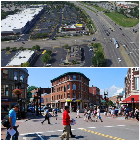 This shows an example of a place where walking is comfortable and a place that is oriented to cars.