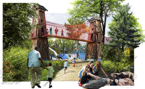 Rendering of Gipson Play Plaza, showing two large play towers and a bridge connecting them