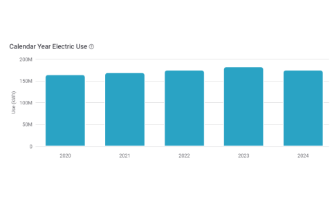 Calendar year electricity usage at City of Raleigh facilities has stayed between 150-200 million kWh from 2020 to 2024.