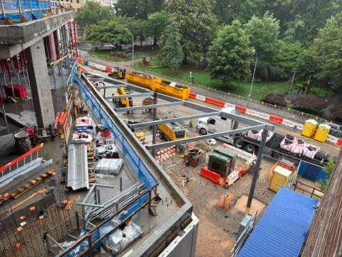 view of City Hall construction site, looking at the Brise Soleil