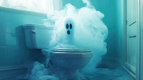 Toilet with smoke and cartoon ghost appearing out of the bowl
