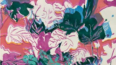 brightly colored detail of lithograph print of flowers and vegetation