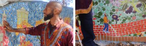 A man with low vision touches a mural; Closeup of a mural depicting someone using a cane