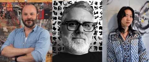 Head shots showing three artists. Luke Buchanen smiles with his arms crossed. Jason Lord is pictured in black and white. Isabel Lu leans against an abstract background.