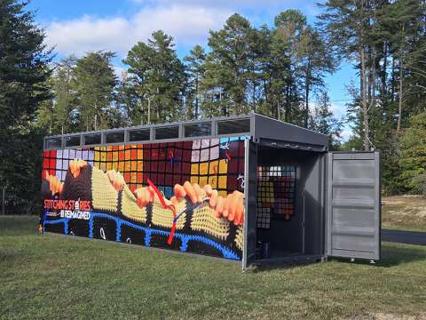 A colorful shipping container, covered in artwork, rests in an outdoor setting