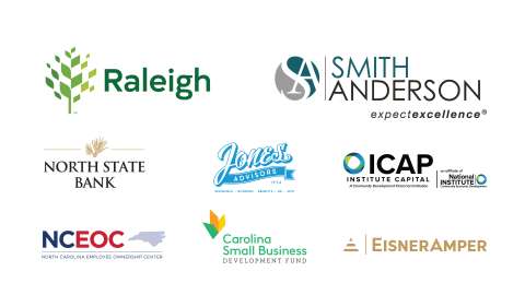 Partner logos - Smith Anderson, North State Bank, Jones Advisors, ICAP, NCEOC, Carolina Small Business Development Fund, and EisnerAmper