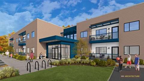 Rendering of building exterior, showing a two story apartment development
