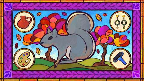 Illustration including a large grey squirrel with art supplies around it and trees in the background