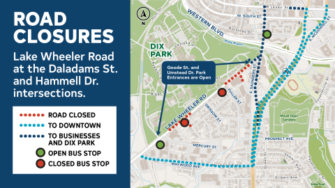A detour map for lake wheeler. It shows that that the traveling public can take South Saunders to Maywood Ave to Lake Wheeler or Maywood Ave to South Saunders to navigate around the detour.
