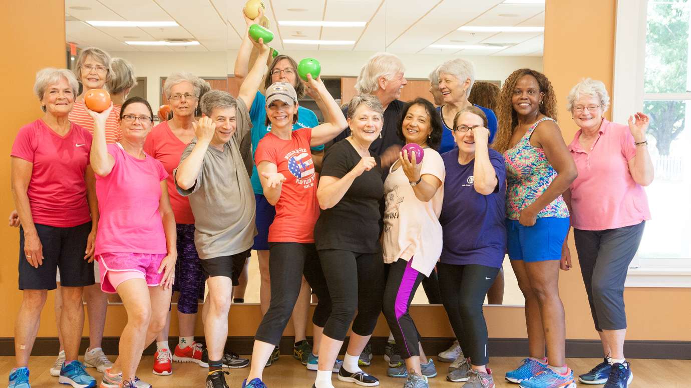 Group of participants from Cardio class at Five Points Center for Active Adults posing.