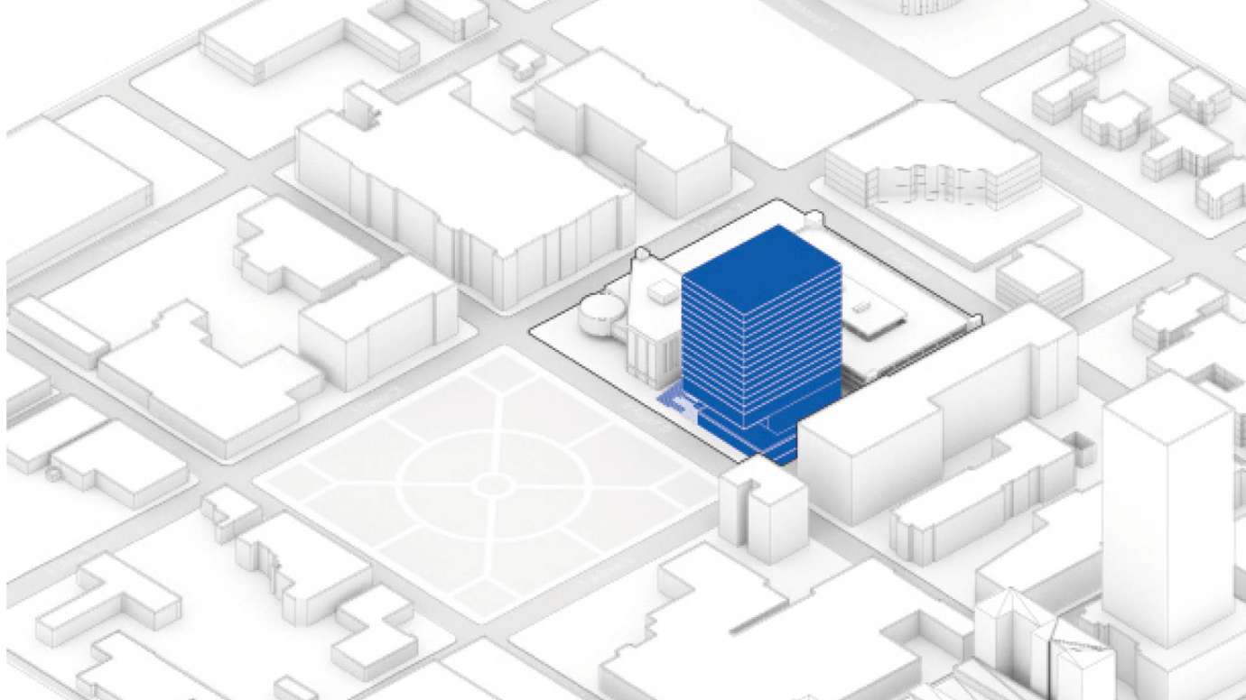 A gray and white drawing that highlights the east civic tower in blue that's planned for Hargett St.