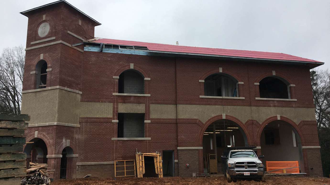 The new brick exterior of Fire Station Six in Raleigh