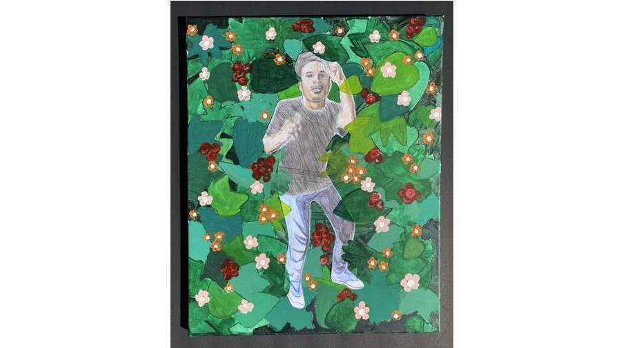 Collaborative teen art of figure on floral background