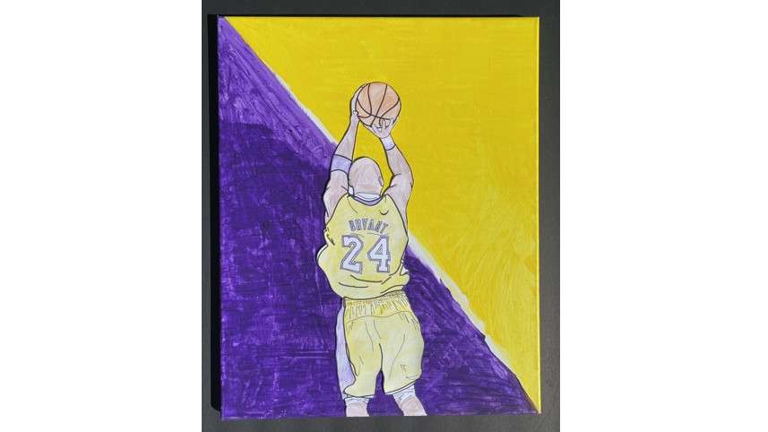 Collaborative teen art figure playing basketball on purple and yellow background