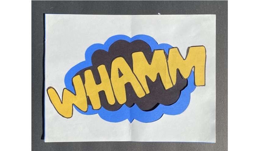 Teen pop art with big yellow word "whammm" over blue background