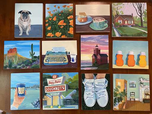 A photo of a grid of small paintings by artist Rachel Campbell