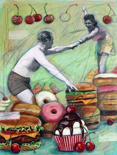 Mixed media artwork of man and woman with donuts, cupcake, burgers and cherries entitled Cherry by Stacy Crabill 
