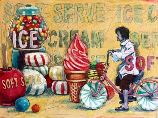 Mixed media artwork of woman riding bicycle through desserts entitled Soft Serve by artist Stacy Crabill
