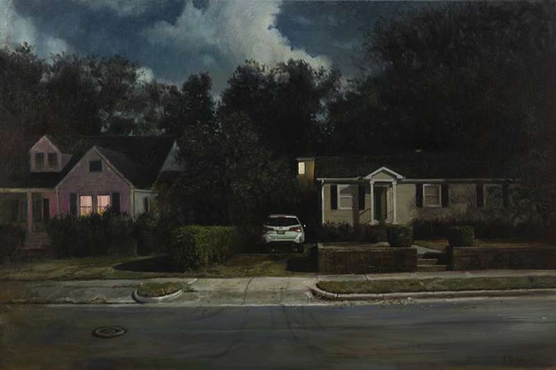 A painting of two houses with a driveway inbetween them at night
