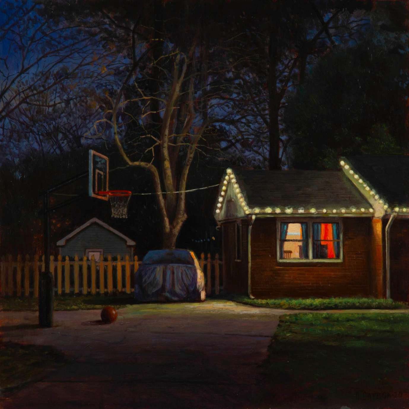 Painting of a house and driveway with basketball hoop at night by artist Alberto Ortega