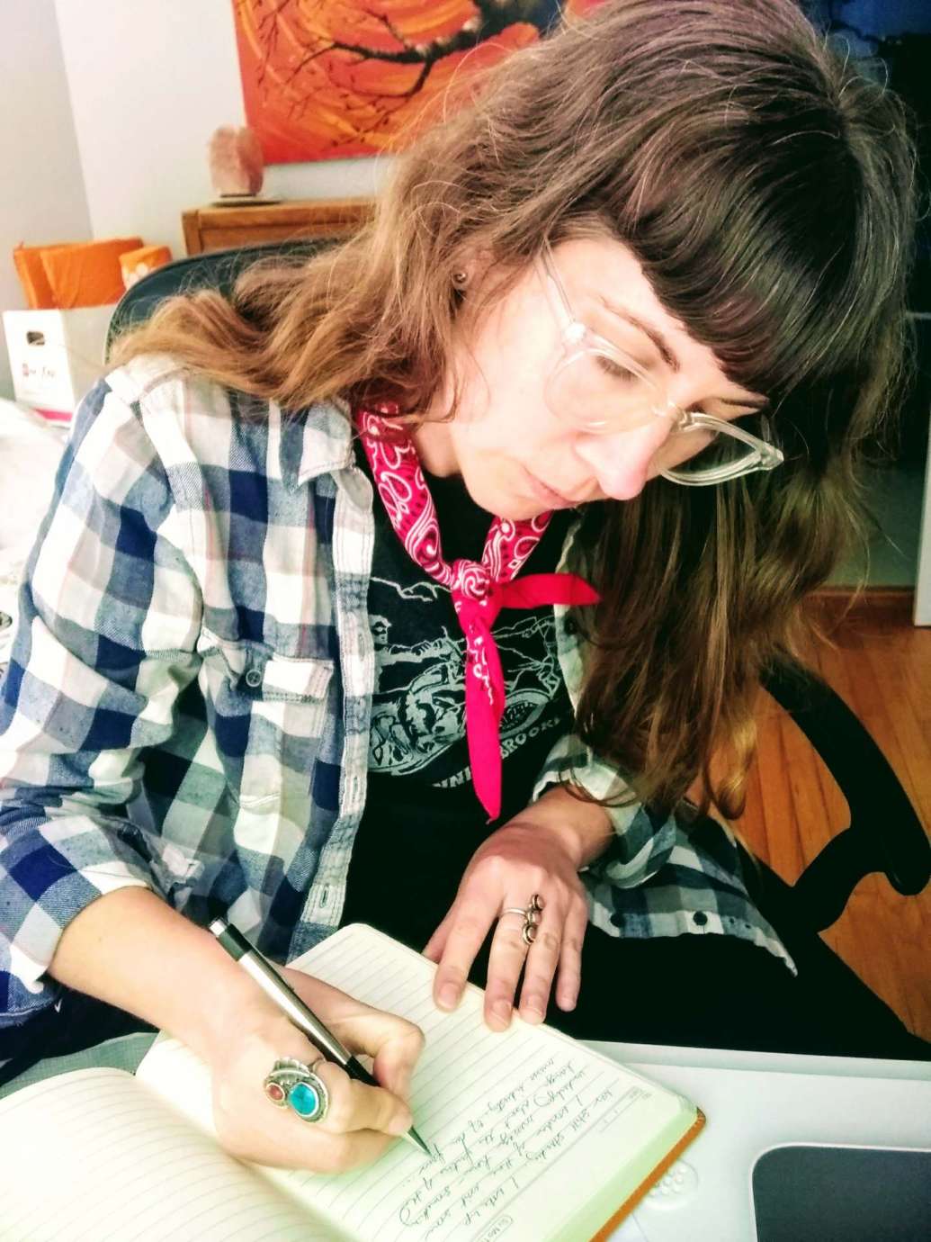 Musician Stephanie Stewart writing a song 