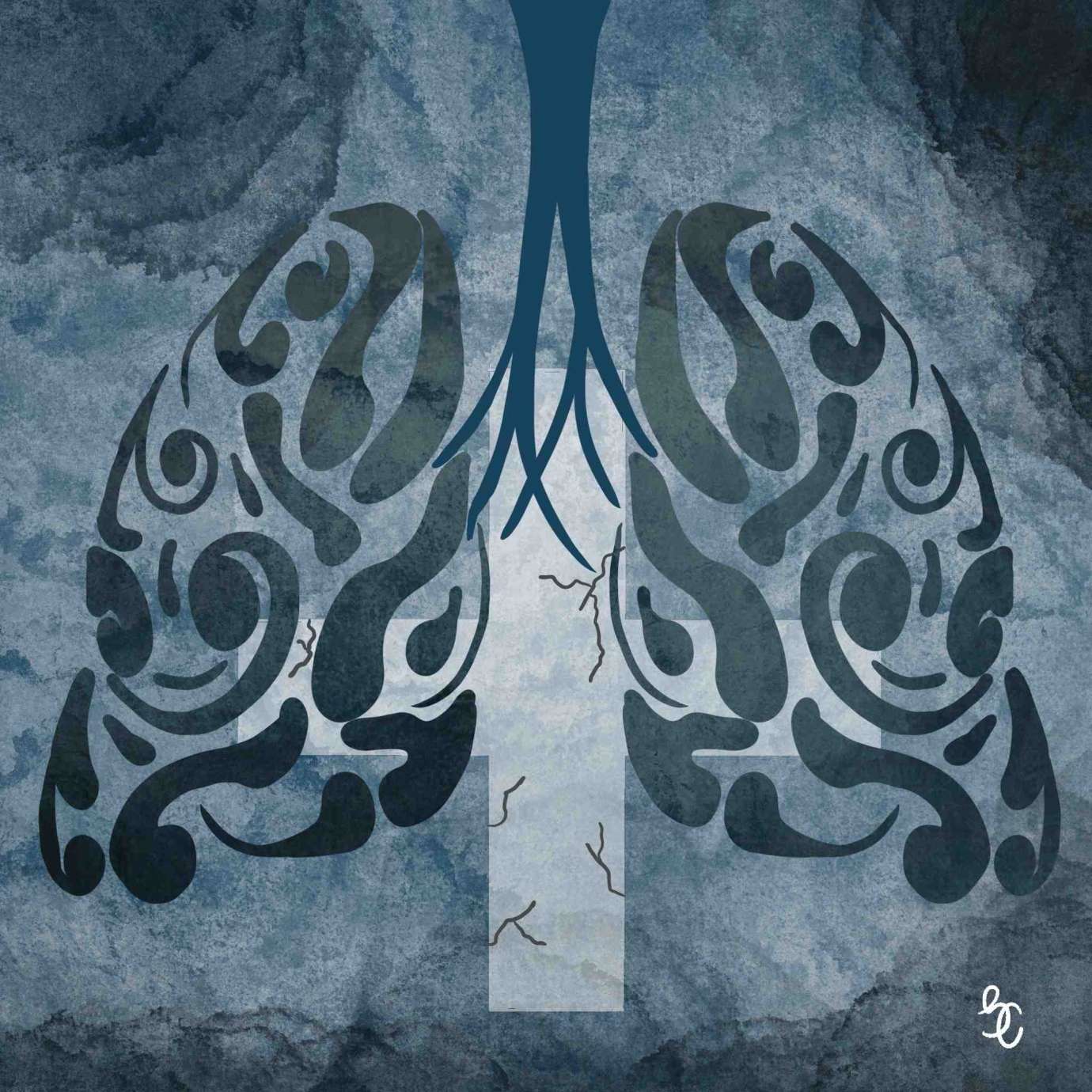 A dark gray and blue illustration of two lungs by Mayanthi Jaywardena