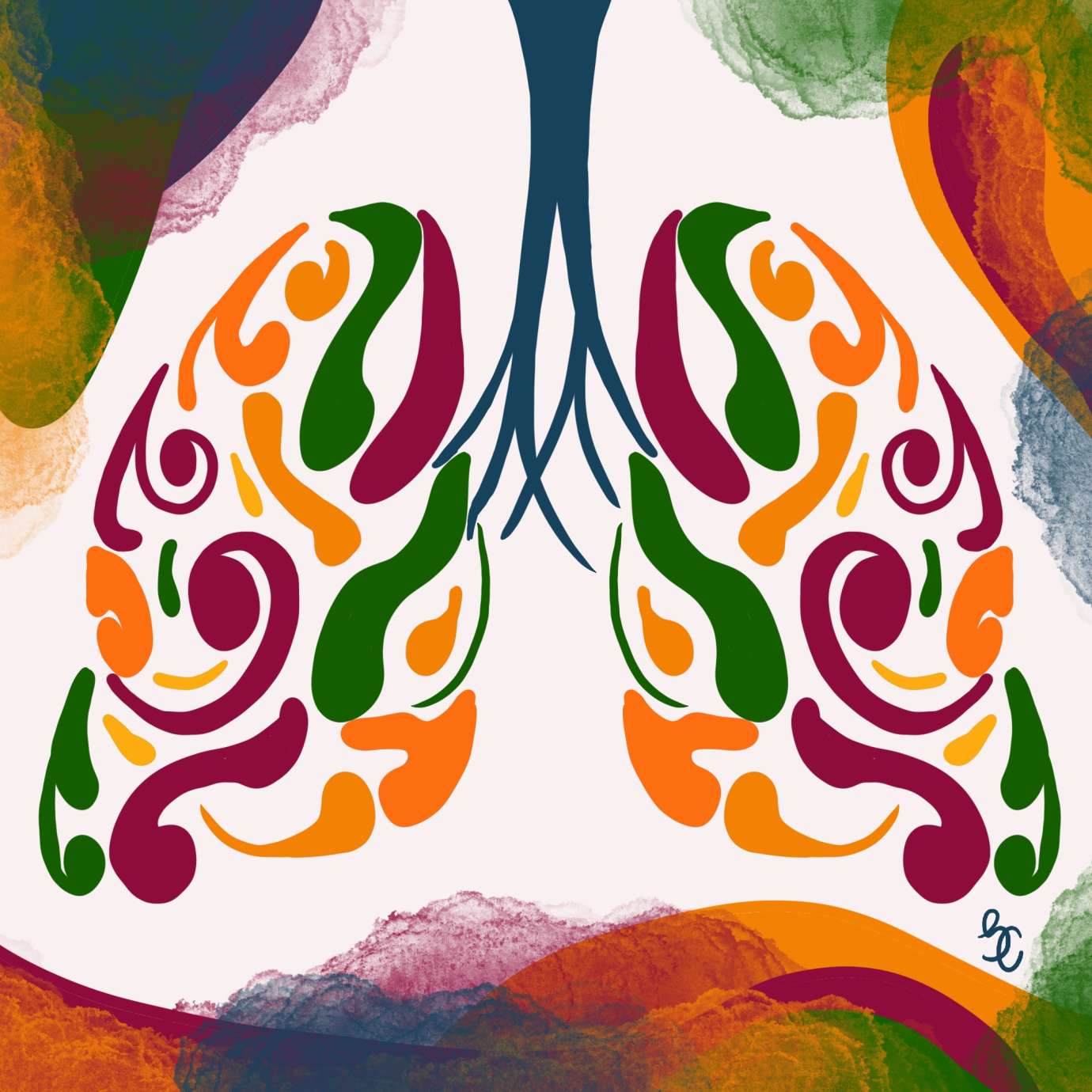Two lungs colorfully illustrated by artist Mayanthi Jayawardena
